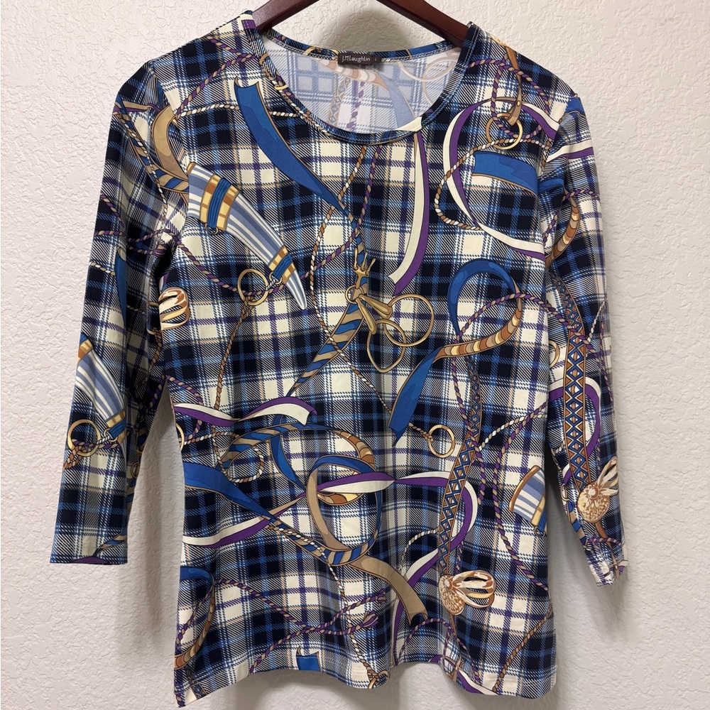 NWOT J. McLaughlin Equestrian Plaid Print Signature Tee Size L
